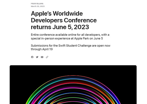 苹果发者大会（WWDC）将在6月5日至9日期
